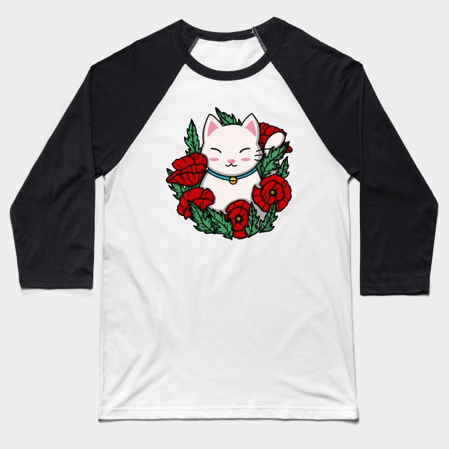 Cute Cat In The Poppy Garden Baseball T-Shirt by Luna Illustration